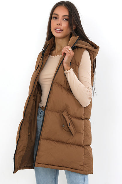 Brave Soul Brown Longline Hooded Puffer Gilet - Brown Image 1