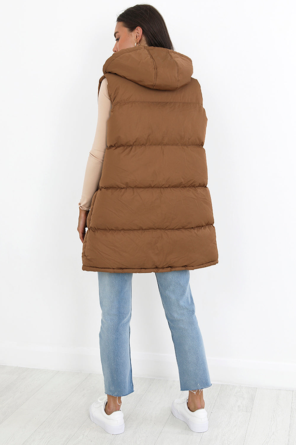 Brave Soul Brown Longline Hooded Puffer Gilet - Brown Image 2