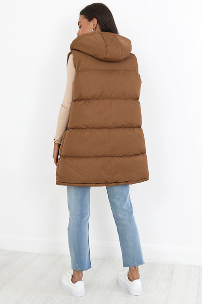 Brave Soul Brown Longline Hooded Puffer Gilet - Brown Image 2