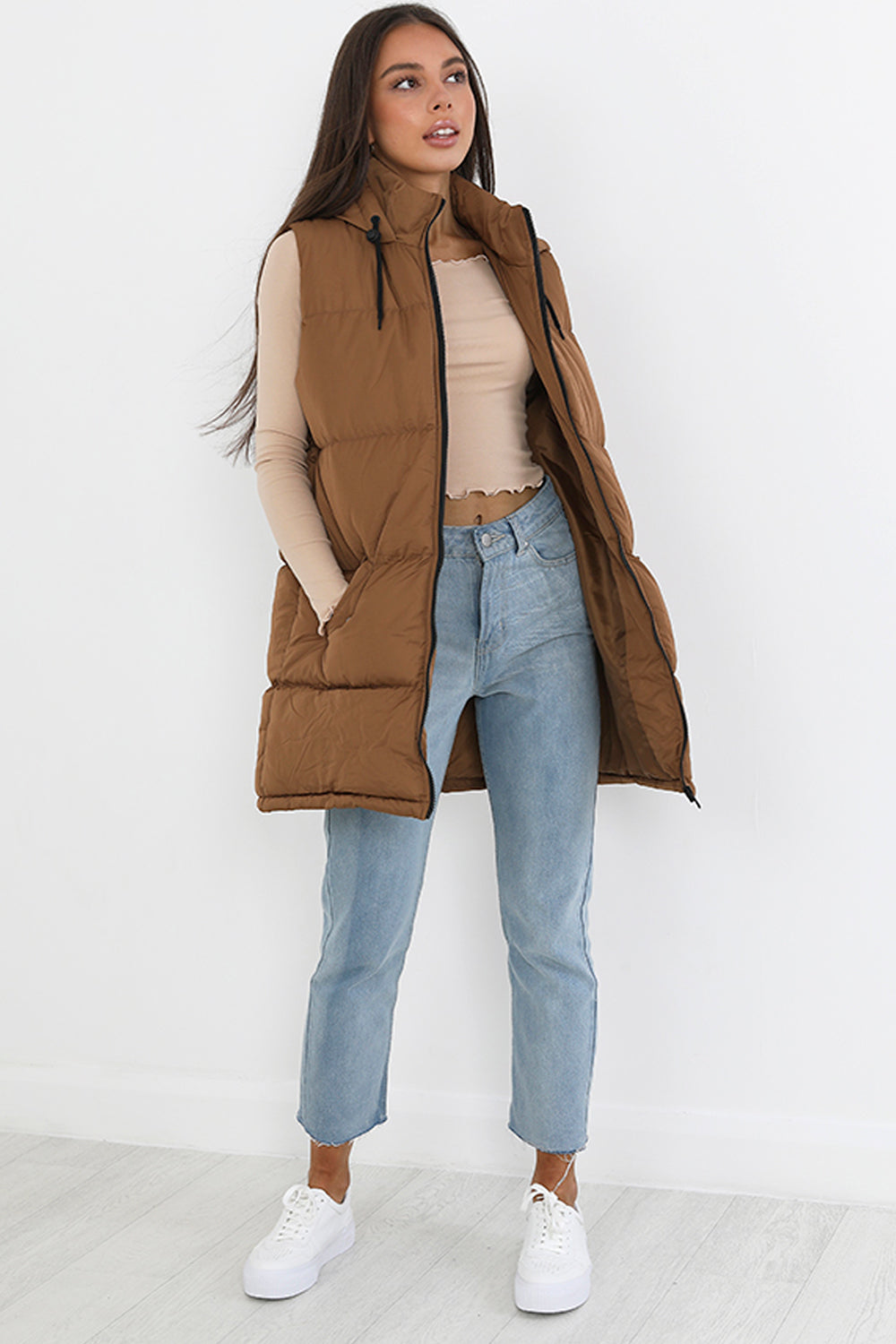 Brave Soul Brown Longline Hooded Puffer Gilet - Brown Image 3