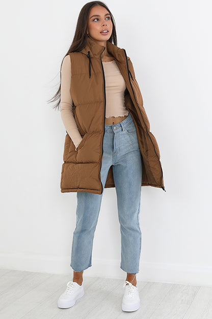 Brave Soul Brown Longline Hooded Puffer Gilet - Brown Image 3