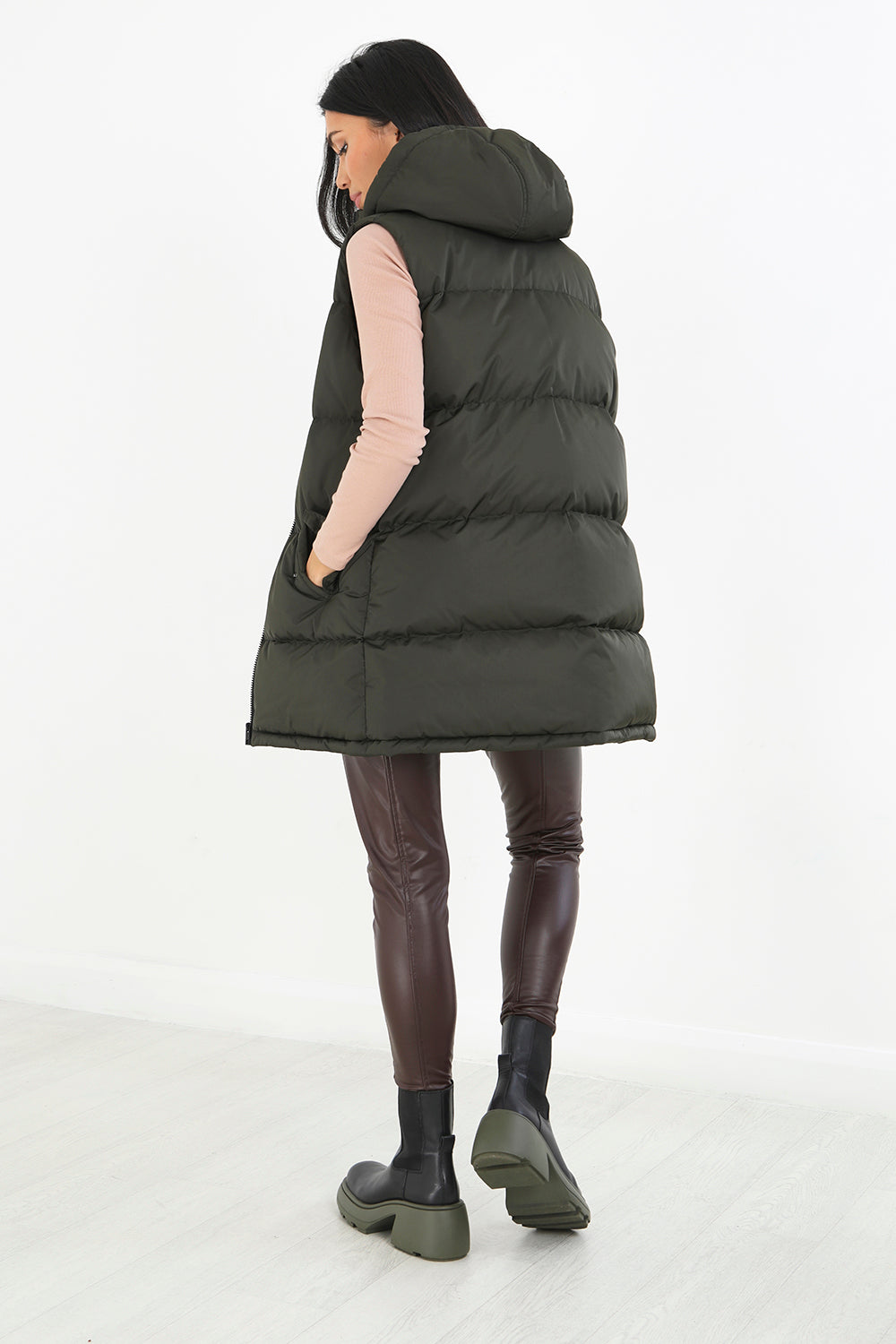 Brave Soul Khaki Longline Hooded Puffer Gilet - Khaki Image 2