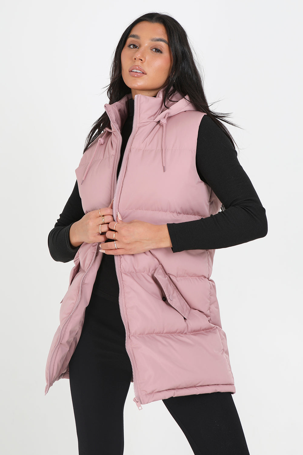 Brave Soul Dusty Pink Longline Hooded Puffer Gilet - Dusty Pink Image 1