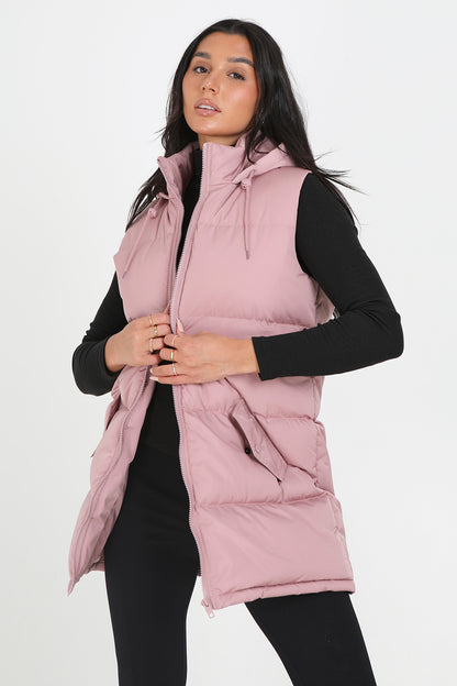 Brave Soul Dusty Pink Longline Hooded Puffer Gilet - Dusty Pink Image 1