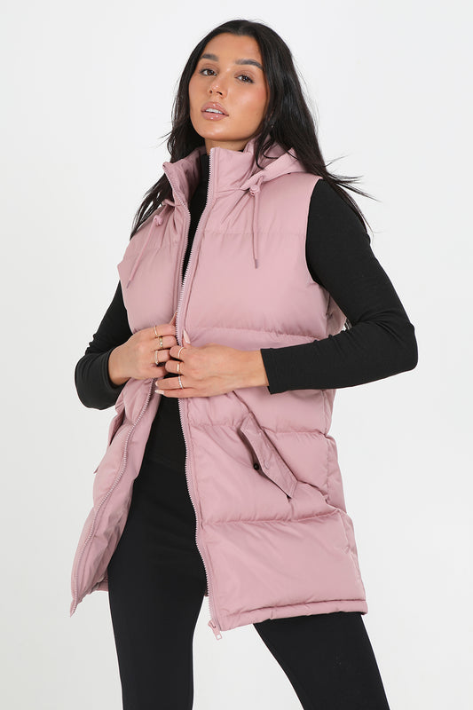 Brave Soul Dusty Pink Longline Hooded Puffer Gilet - Dusty Pink Image 1