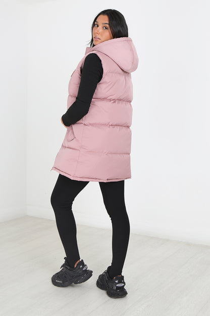 Brave Soul Dusty Pink Longline Hooded Puffer Gilet - Dusty Pink Image 2