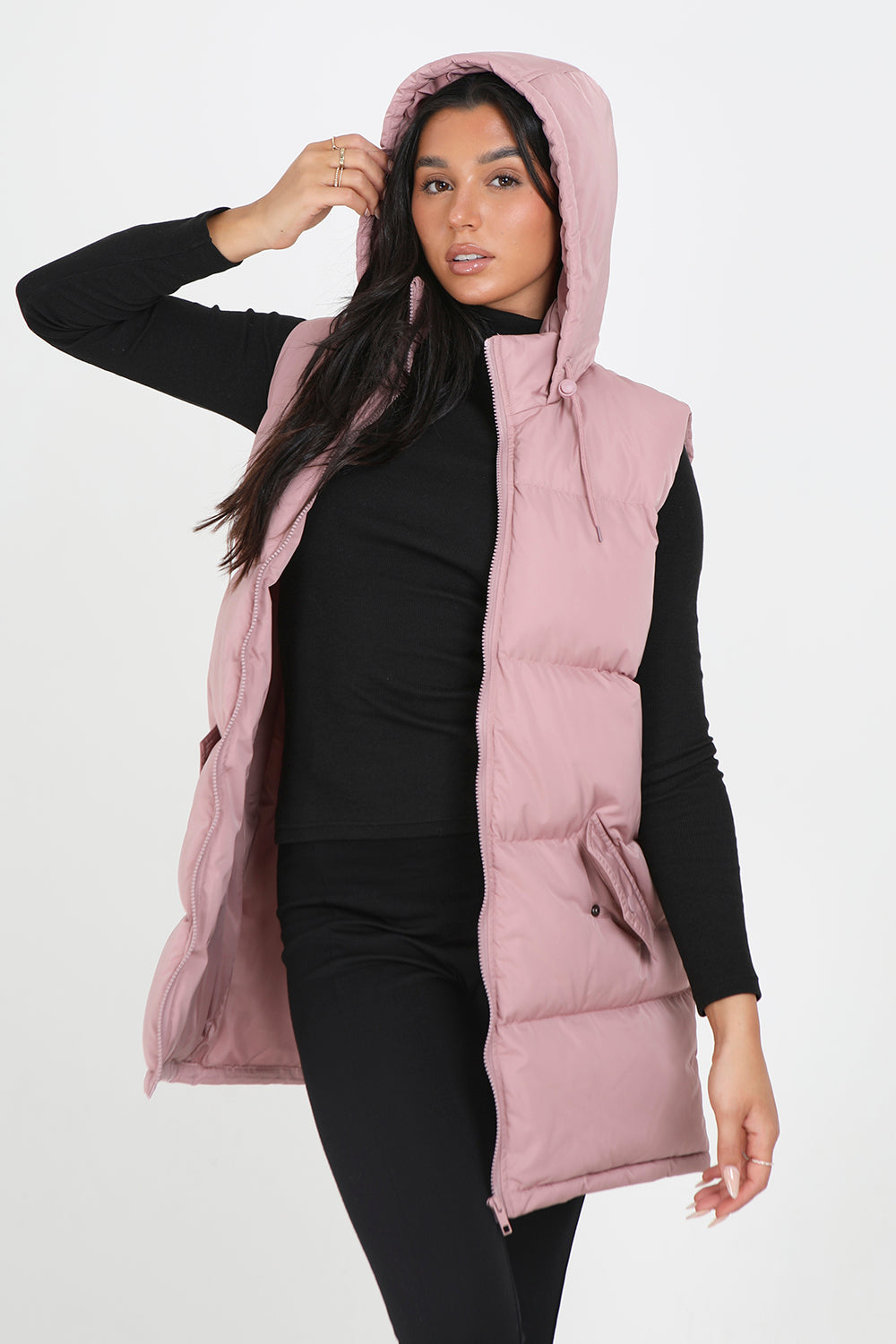 Brave Soul Dusty Pink Longline Hooded Puffer Gilet - Dusty Pink Image 3