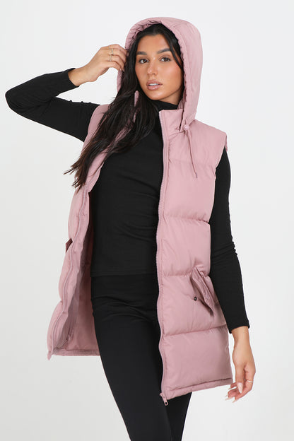 Brave Soul Dusty Pink Longline Hooded Puffer Gilet - Dusty Pink Image 3