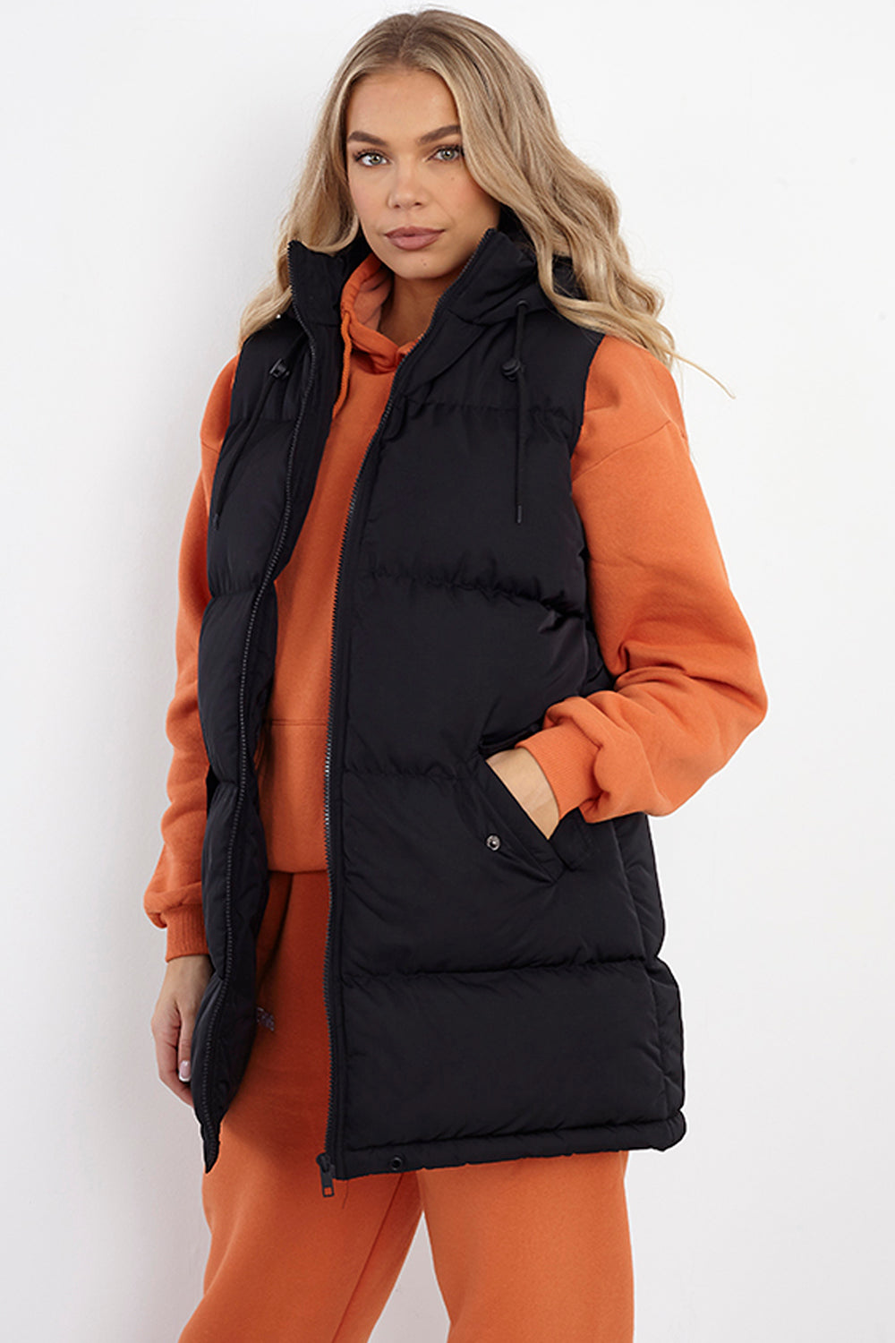 Brave Soul Black Longline Hooded Puffer Gilet - Black Image 1
