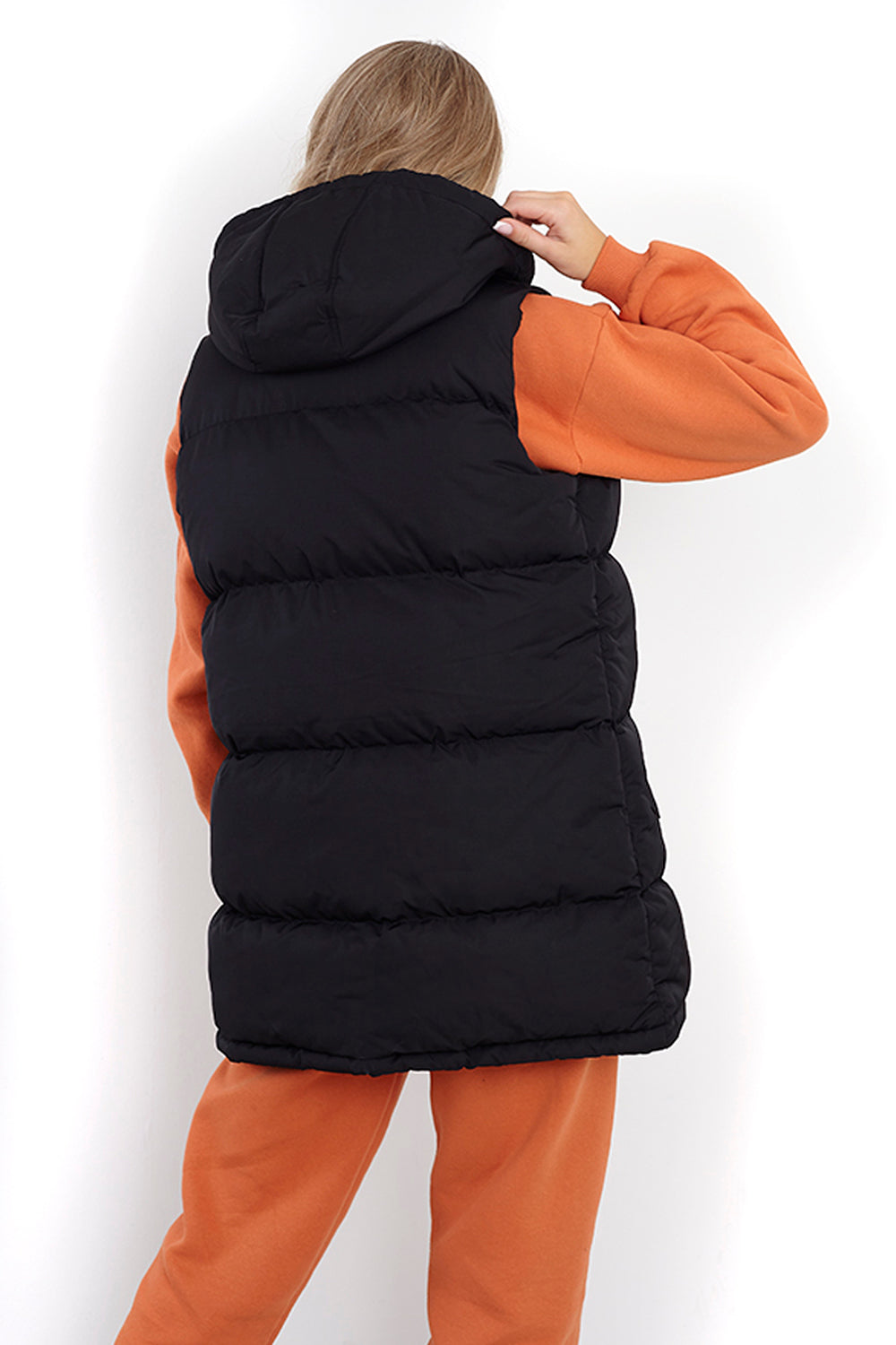 Brave Soul Black Longline Hooded Puffer Gilet - Black Image 2