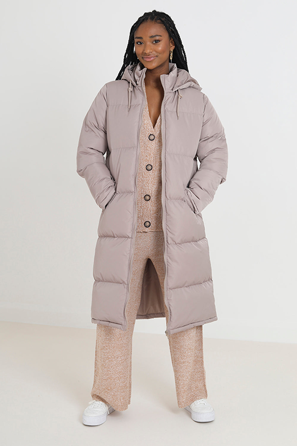 Brave Soul Stone Maxi Length Padded Jacket With Fixed Hood - Stone Image 1