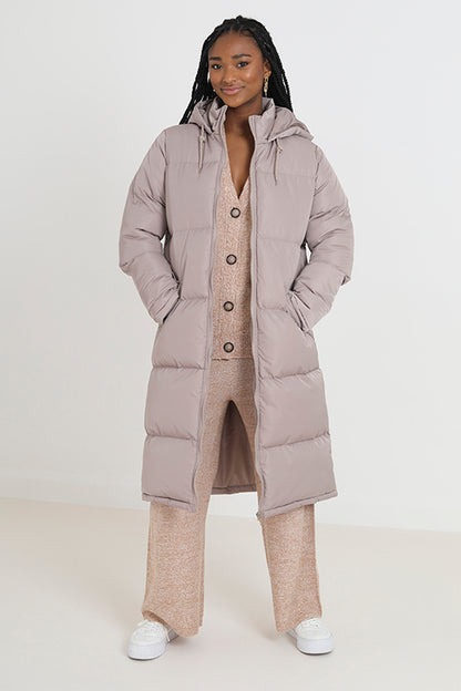 Brave Soul Stone Maxi Length Padded Jacket With Fixed Hood - Stone Image 1