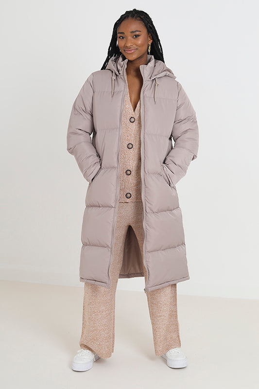 Brave Soul Stone Maxi Length Padded Jacket With Fixed Hood - Stone Image 1