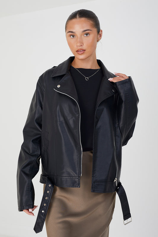 Brave Soul Black Faux Leather PU Oversized Jacket - Black Image 1