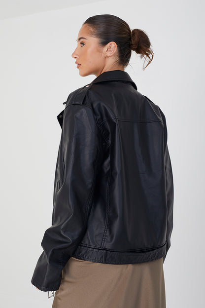 Brave Soul Black Faux Leather PU Oversized Jacket - Black Image 2