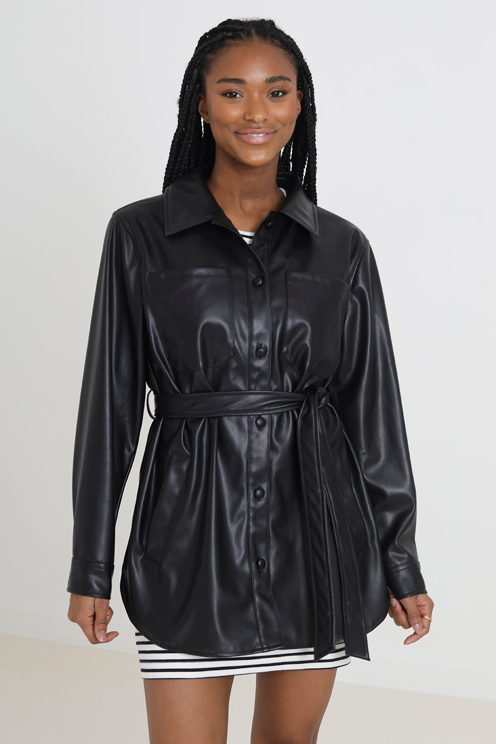 Brave Soul Black Faux Leather Self Tie Shacket - Black Image 1