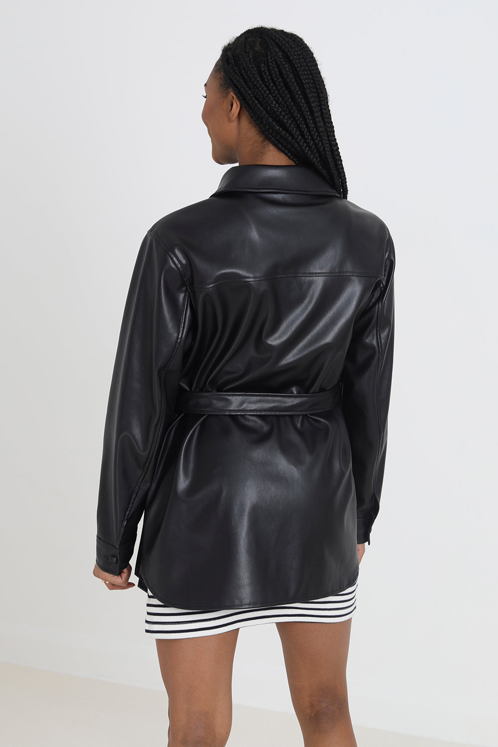 Brave Soul Black Faux Leather Self Tie Shacket - Black Image 2