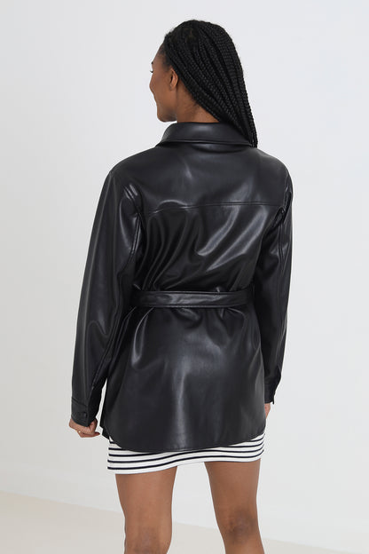 Brave Soul Black Faux Leather Self Tie Shacket - Black Image 2