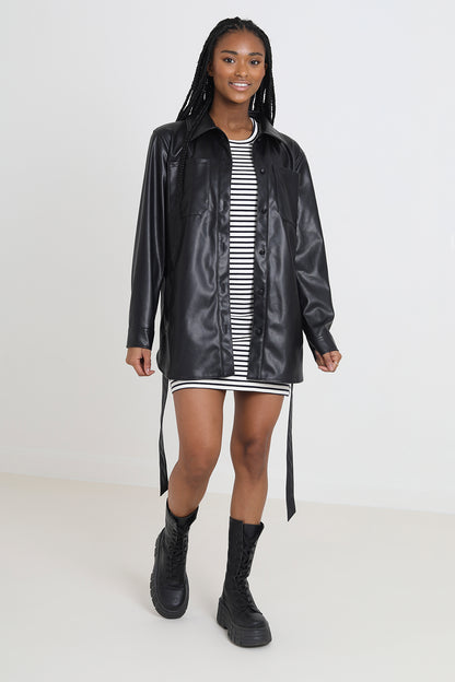Brave Soul Black Faux Leather Self Tie Shacket - Black Image 3