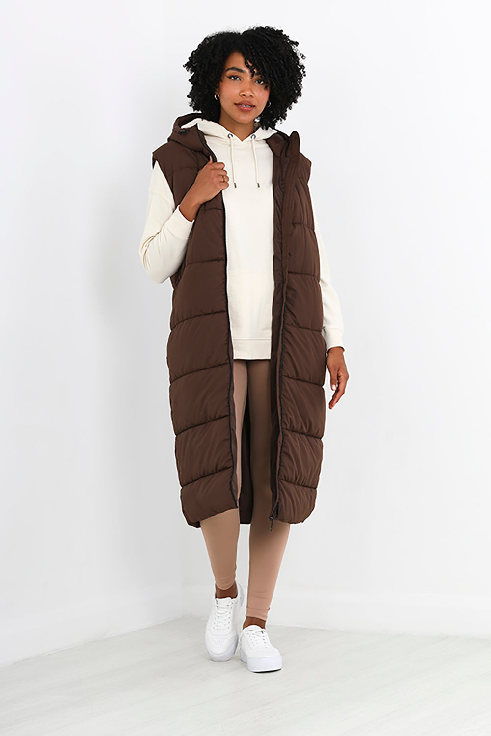 Brave Soul Chocolate Longline Gilet With Fixed Hood - Chocolate Image 1
