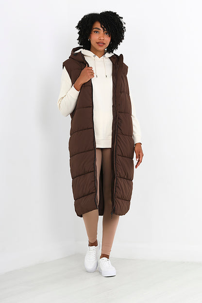 Brave Soul Chocolate Longline Gilet With Fixed Hood - Chocolate Image 1