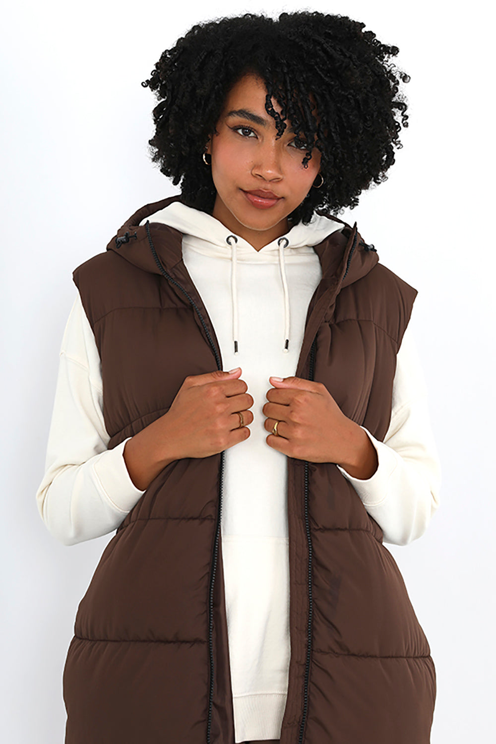 Brave Soul Chocolate Longline Gilet With Fixed Hood - Chocolate Image 3