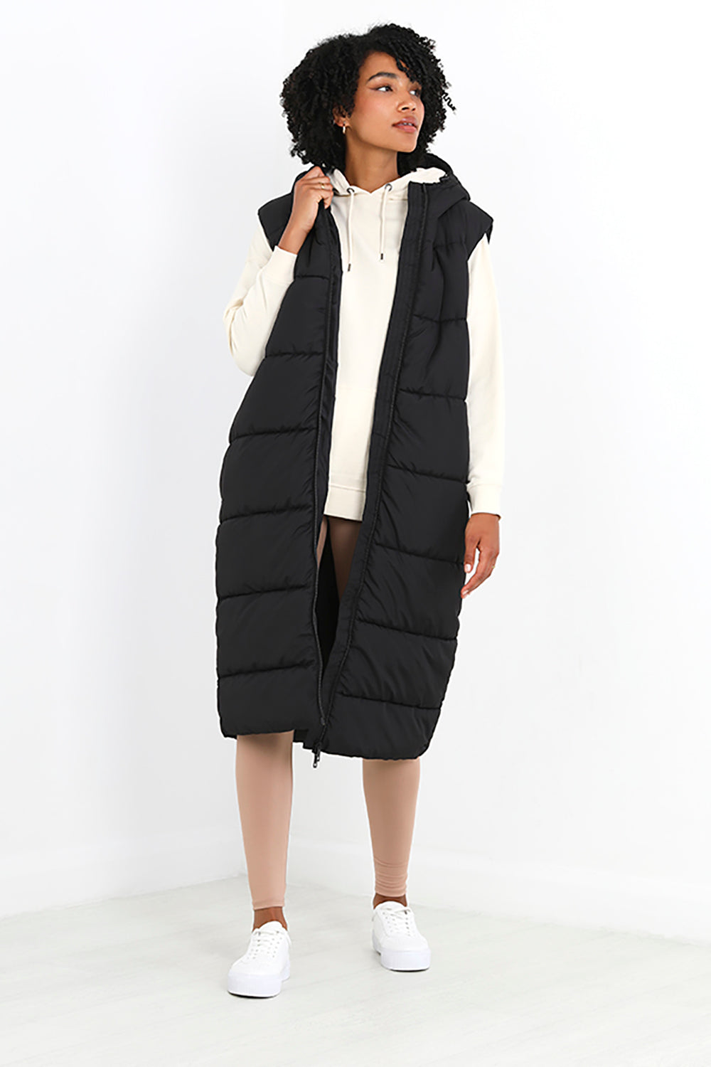 Brave Soul Black Longline Gilet With Fixed Hood - Black Image 1
