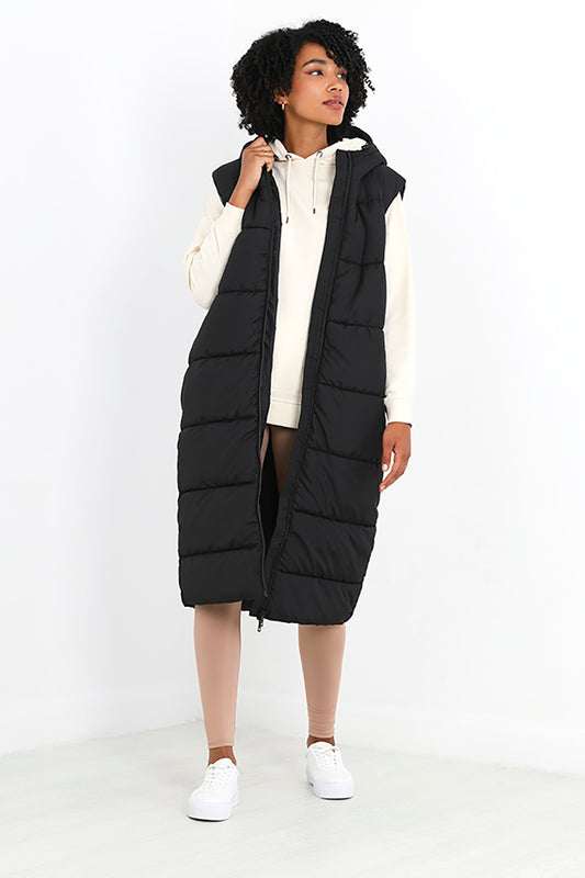 Brave Soul Black Longline Gilet With Fixed Hood - Black Image 1