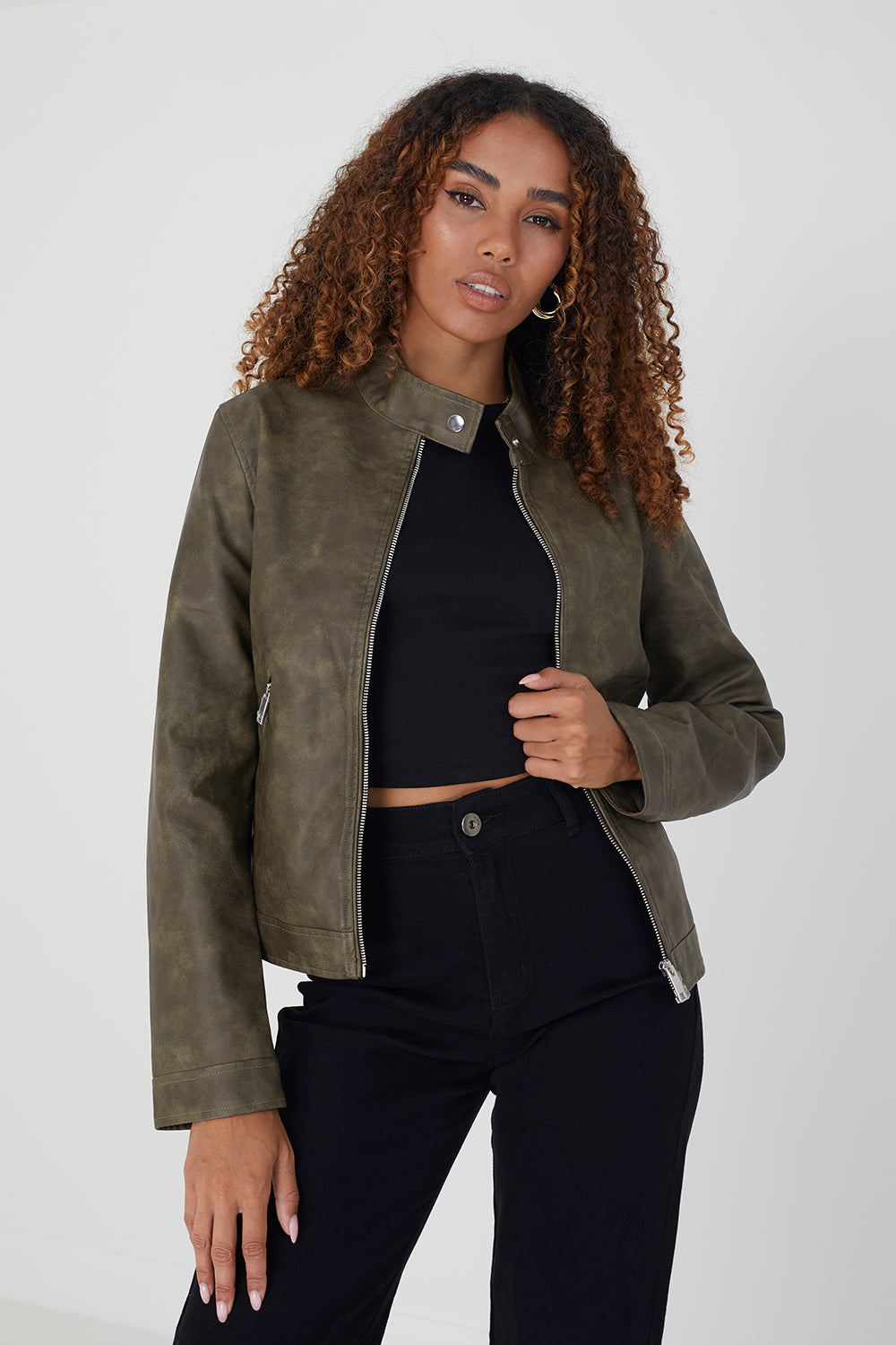 Brave Soul Khaki Faux Leather Round Neck Biker Jacket - Khaki Image 1