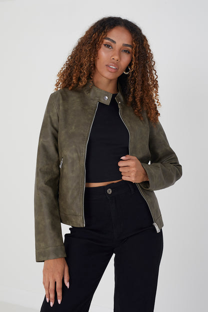 Brave Soul Khaki Faux Leather Round Neck Biker Jacket - Khaki Image 1