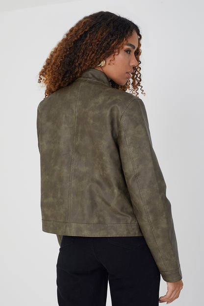 Brave Soul Khaki Faux Leather Round Neck Biker Jacket - Khaki Image 2