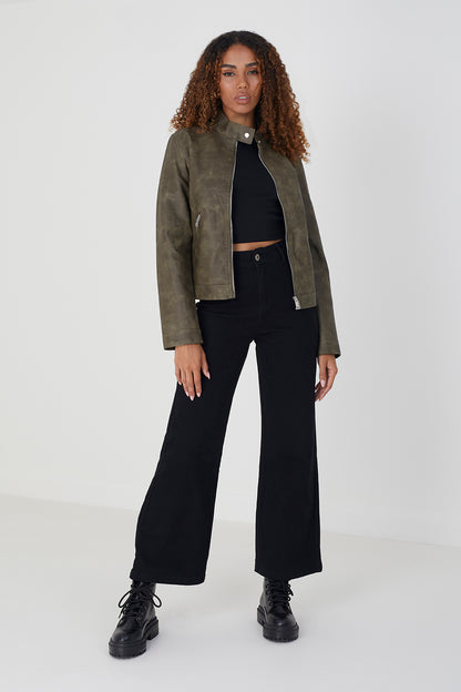 Brave Soul Khaki Faux Leather Round Neck Biker Jacket - Khaki Image 3