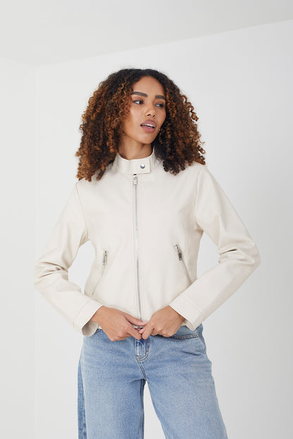 Brave Soul Stone Faux Leather Round Neck Biker Jacket - Stone Image 1