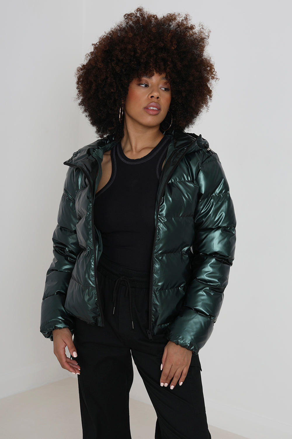 Brave Soul Dark Green Metallic Padded Puffer Jacket - Dark Green Image 1