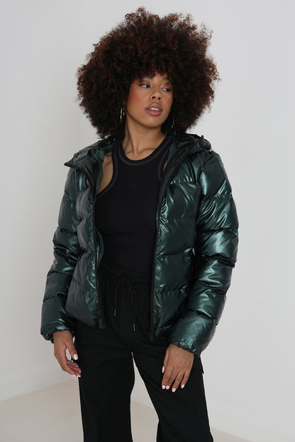 Brave Soul Dark Green Metallic Padded Puffer Jacket - Dark Green Image 1
