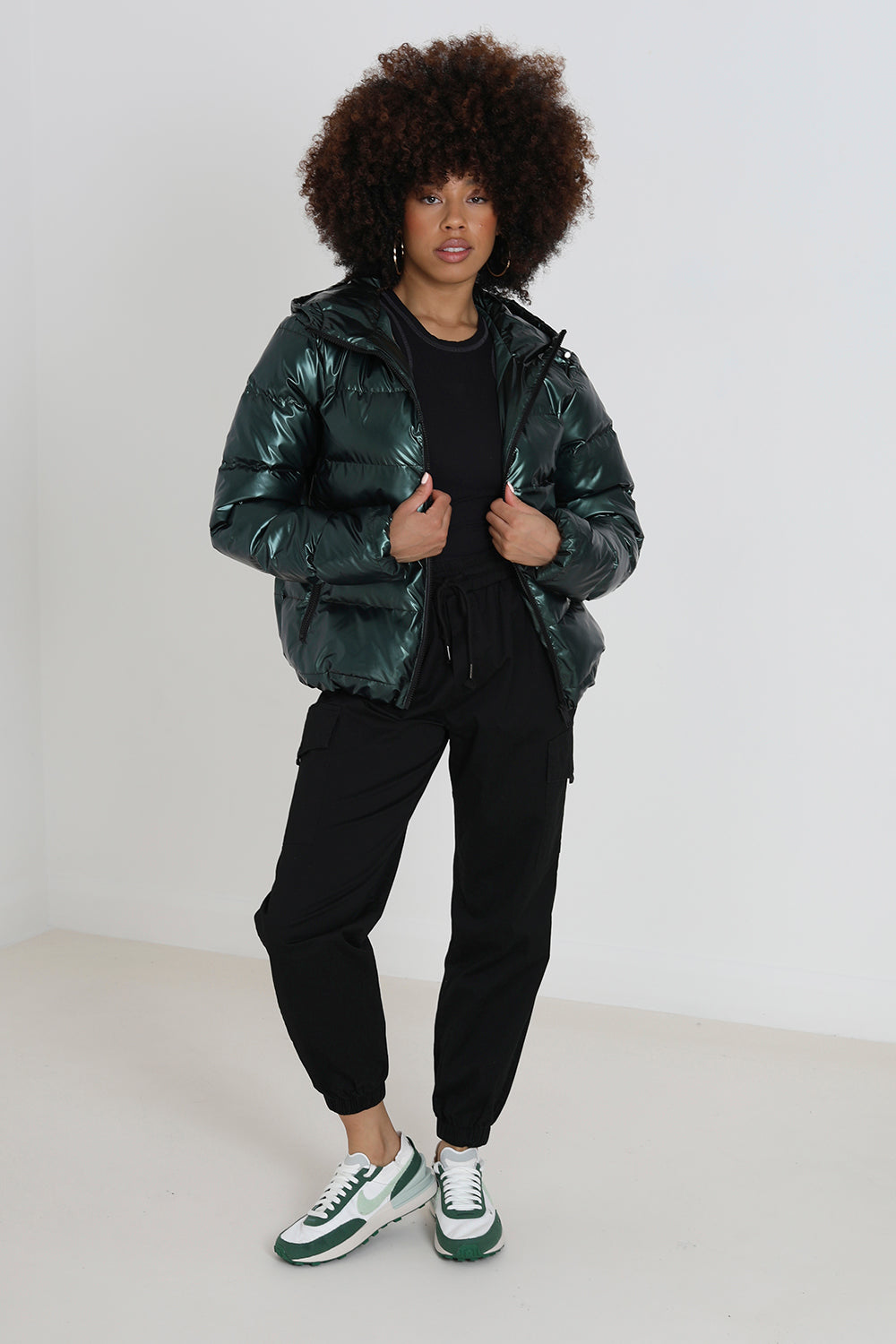 Brave Soul Dark Green Metallic Padded Puffer Jacket - Dark Green Image 3