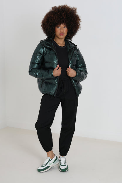 Brave Soul Dark Green Metallic Padded Puffer Jacket - Dark Green Image 3
