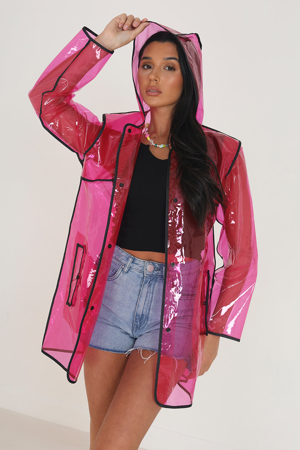 Brave Soul Pink Hooded Rain Mac With Contrasting Binding - Pink Image 1