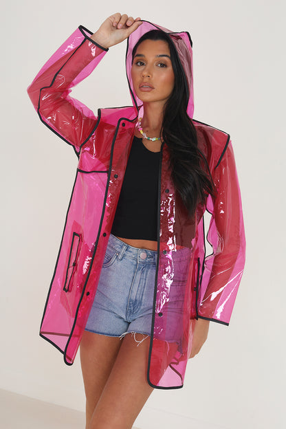 Brave Soul Pink Hooded Rain Mac With Contrasting Binding - Pink Image 1