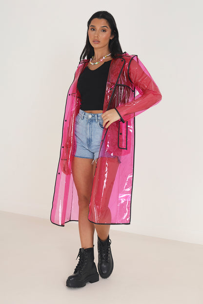 Brave Soul Pink Hooded Longline Rain Mac With Contrasting Binding - Pink Image 1