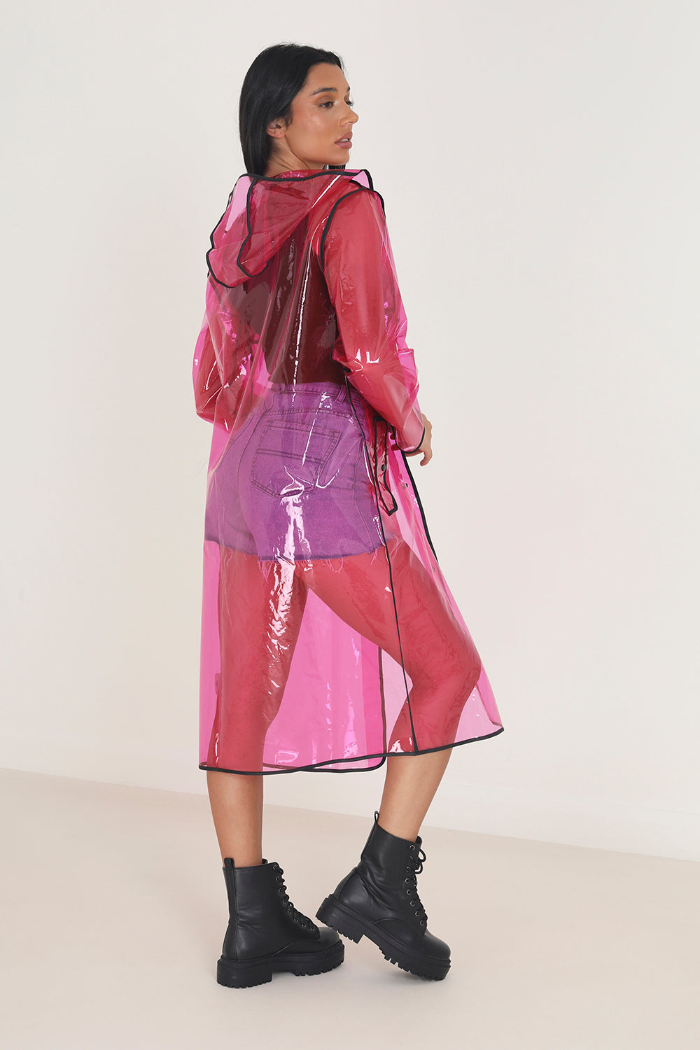 Brave Soul Pink Hooded Longline Rain Mac With Contrasting Binding - Pink Image 2