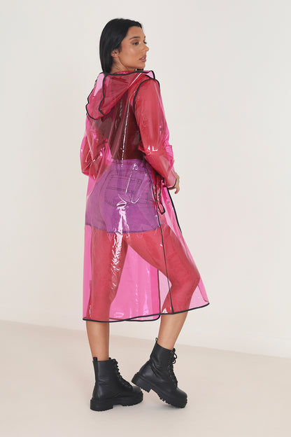 Brave Soul Pink Hooded Longline Rain Mac With Contrasting Binding - Pink Image 2