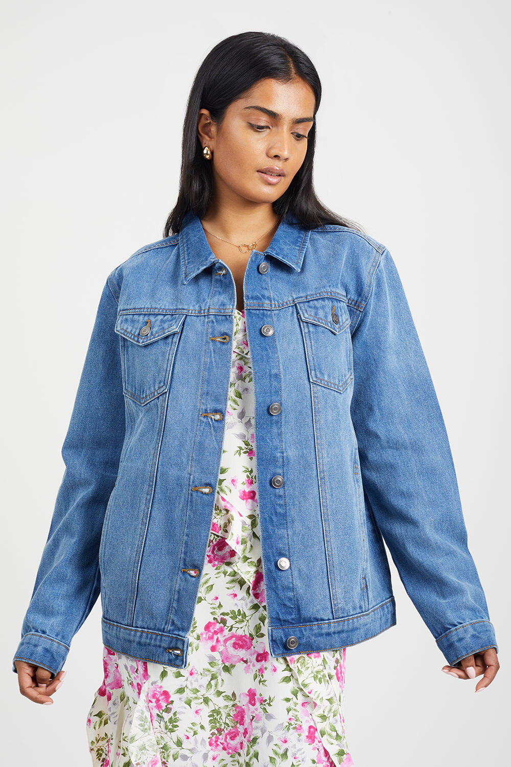 Brave Soul Mid Blue Oversized Denim Jacket - Mid Blue Image 1