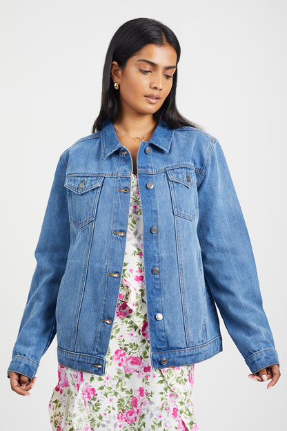 Brave Soul Mid Blue Oversized Denim Jacket - Mid Blue Image 1
