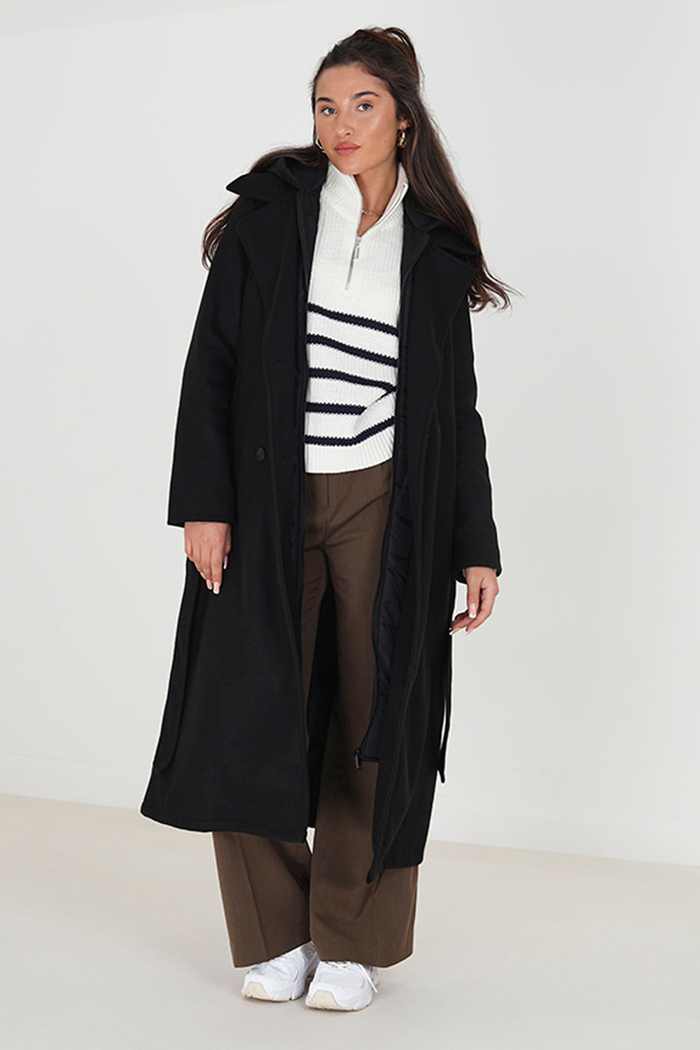 Brave Soul Black Faux Wool Maxi Hooded Trench Coat - Black Image 1