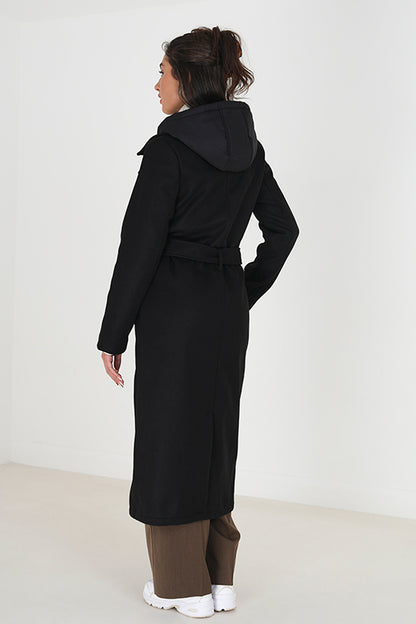 Brave Soul Black Faux Wool Maxi Hooded Trench Coat - Black Image 2