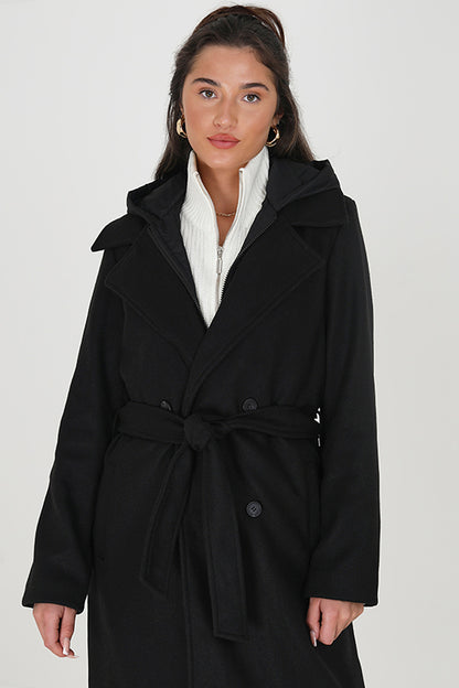Brave Soul Black Faux Wool Maxi Hooded Trench Coat - Black Image 3