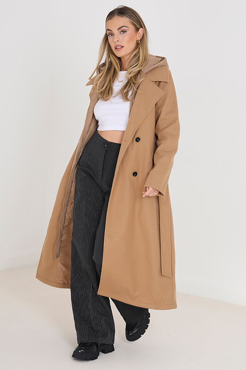 Brave Soul Camel Faux Wool Maxi Hooded Trench Coat - Camel Image 1