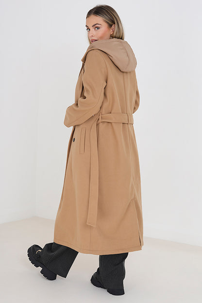 Brave Soul Camel Faux Wool Maxi Hooded Trench Coat - Camel Image 2