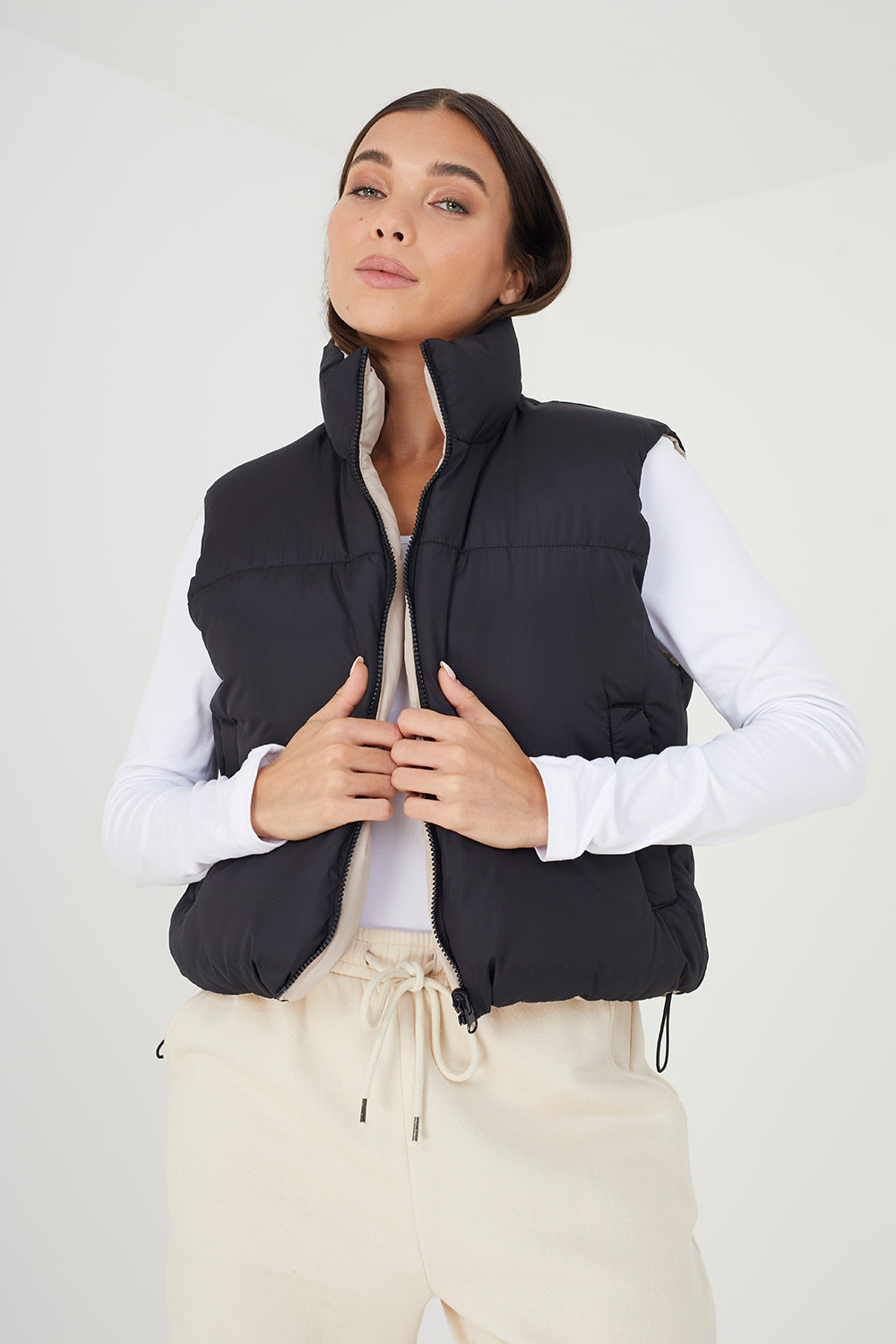 Brave Soul Stone Reversible Cropped Padded Gilet - Stone Image 1